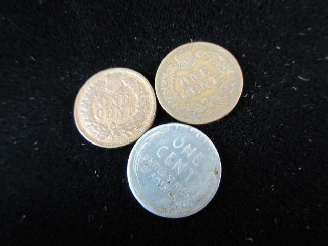 One Steel Penny and Two Indian Head Pennies