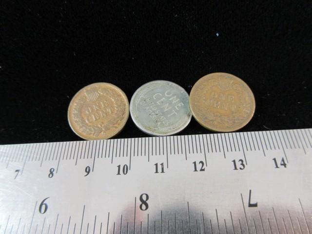 One Steel Penny and Two Indian Head Pennies