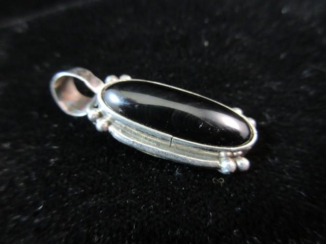 Vintage Black Onyx Stone Sterling Silver Pendant