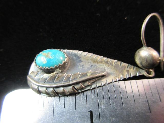 Vintage Native American Sterling Silver Turquoise Stone Dangle Earrings Sig