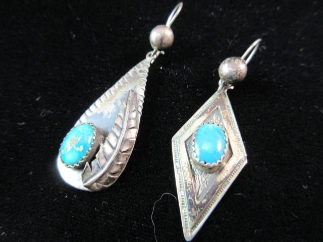 Vintage Native American Sterling Silver Turquoise Stone Dangle Earrings Sig