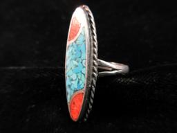 Crushed Coral and Turquoise Stone Sterling Silver Inlay Ring