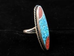Crushed Coral and Turquoise Stone Sterling Silver Inlay Ring