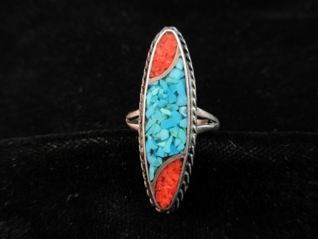 Crushed Coral and Turquoise Stone Sterling Silver Inlay Ring