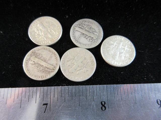 Lot of 5 Silver Dimes Incl. Mercury Dimes