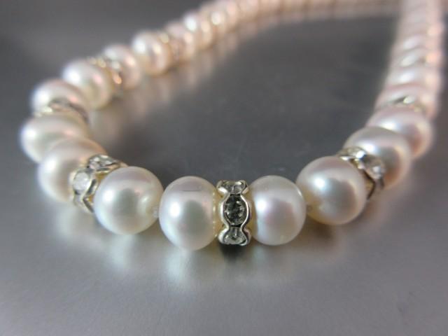 Genuine Pearl Bead Necklace with White Stone Accents