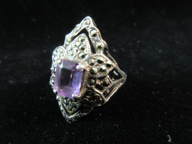 Amethyst Gemstone Sterling Silver Marcasite Accent Ring