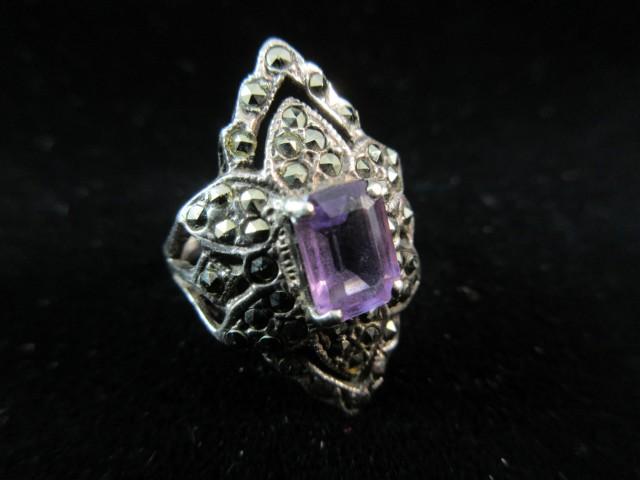 Amethyst Gemstone Sterling Silver Marcasite Accent Ring