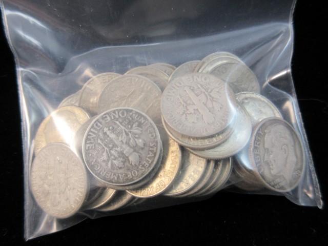 Lot of 50 Mixed Date Silver Dimes all one money