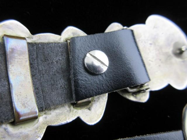 Really nice vintage leather sterling silver Native American conch belt. 100