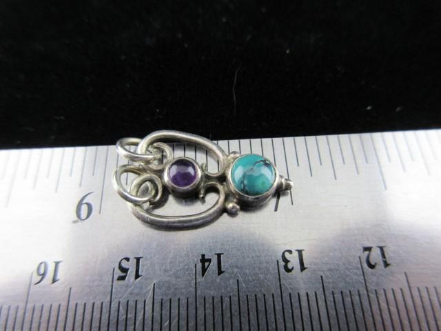 Amethyst Gemstone and Turquoise Stone Sterling Silver Slide Pendant