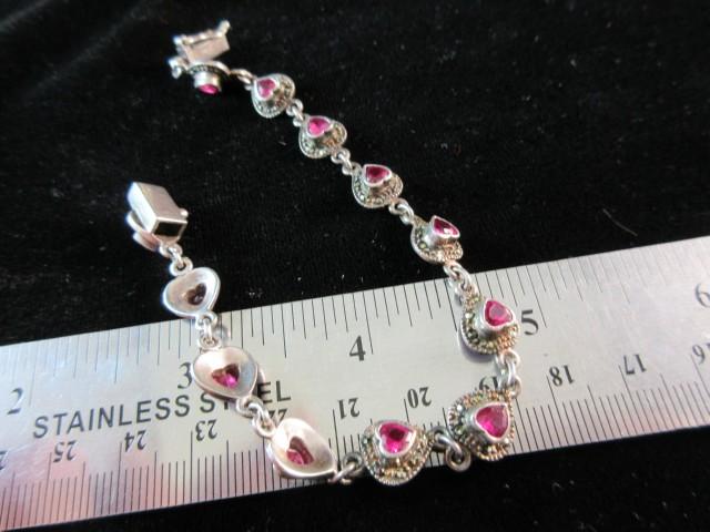 Vintage Sterling Silver Red Gemstone Markasite Accent Bracelet