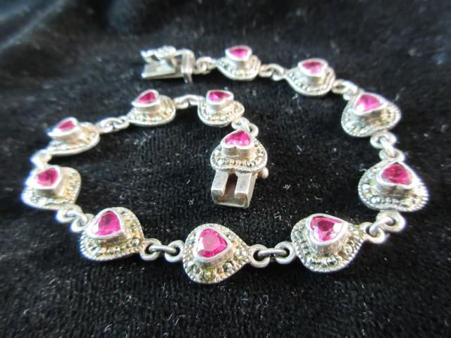 Vintage Sterling Silver Red Gemstone Markasite Accent Bracelet