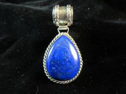 Lapis Center Stone Vintage Sterling Silver Large Barrel Pendant