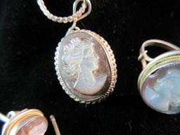 Vintage Sterling Silver Cameo Set. Necklace, Pendant, Ring, and Earrings