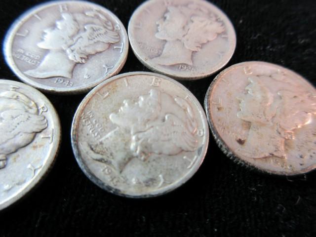 Lot of Five Mercury Dimes