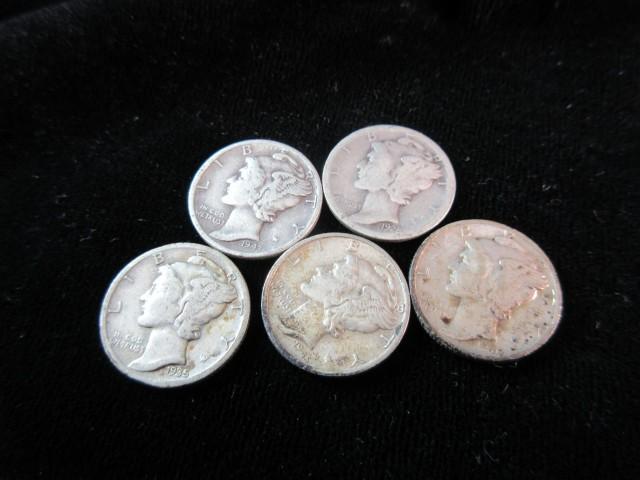 Lot of Five Mercury Dimes