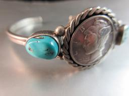 Silver Mercury Dime and Turquoise Stone Vintage Sterling Silver Cuff Bracel