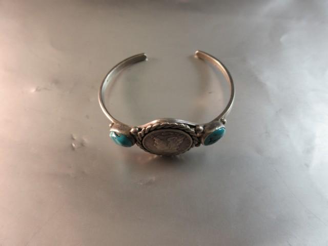 Silver Mercury Dime and Turquoise Stone Vintage Sterling Silver Cuff Bracel