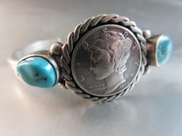 Silver Mercury Dime and Turquoise Stone Vintage Sterling Silver Cuff Bracel