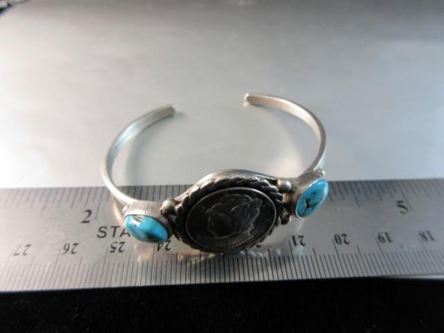 Silver Mercury Dime and Turquoise Stone Vintage Sterling Silver Cuff Bracel