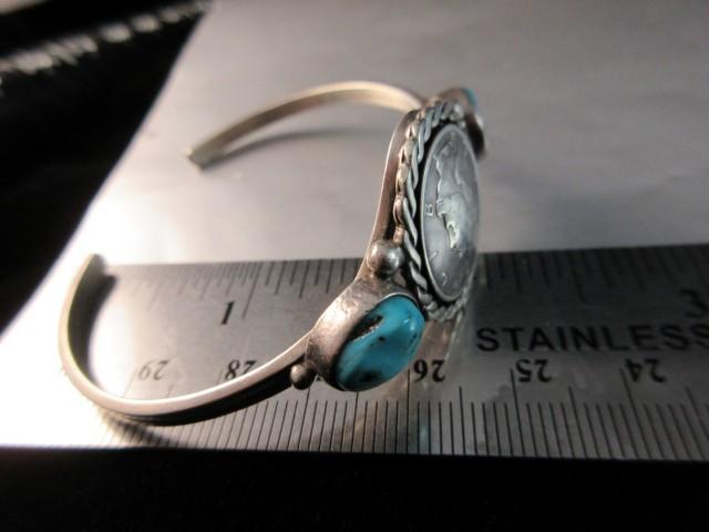 Silver Mercury Dime and Turquoise Stone Vintage Sterling Silver Cuff Bracel