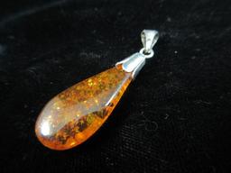 Large Amber Stone Sterling Silver Pendant