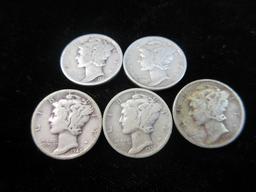 Lot of Five Mercury Dimes as Shown