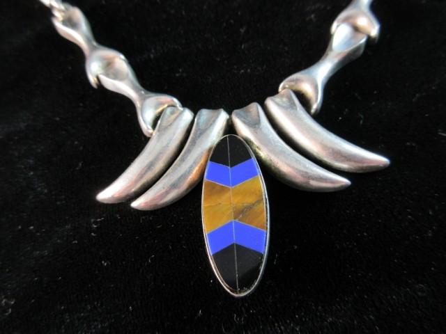 Really Nice Vintage Taxco Mexico Sterling Silver Inlay Heavy Necklace