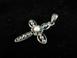 Sterling Silver Genuine Pearl Center Cross Signed Pendant