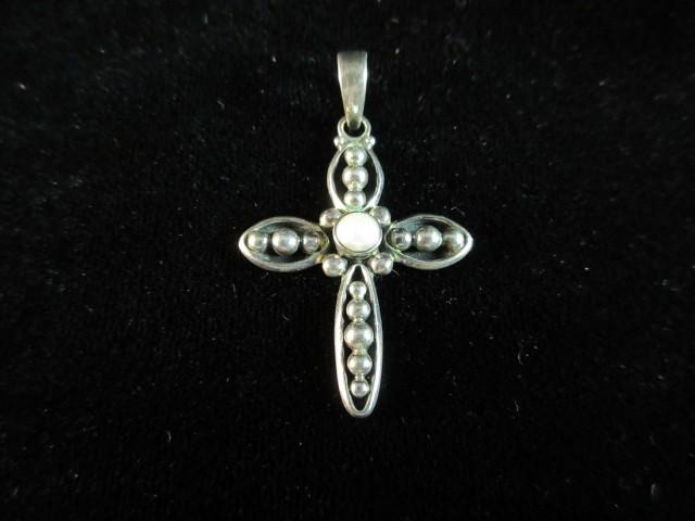 Sterling Silver Genuine Pearl Center Cross Signed Pendant