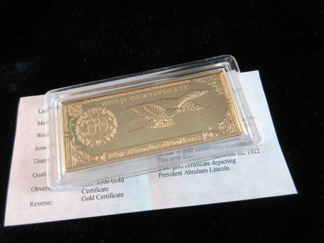 Gold Certificate Replica 24K Gold Overlay