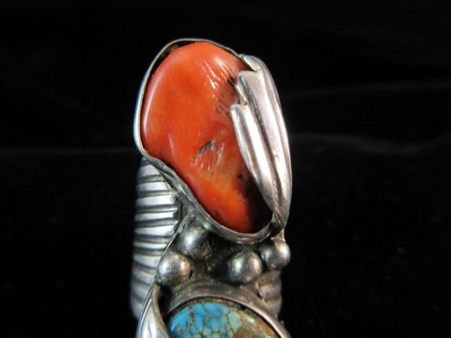 Old Pawn Sterling Silver Coral and Turquoise Stone Native American Ring