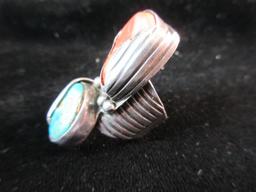 Old Pawn Sterling Silver Coral and Turquoise Stone Native American Ring