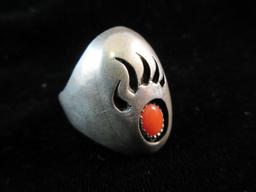 P Bear Paw Sterling Silver Coral Stone Ring