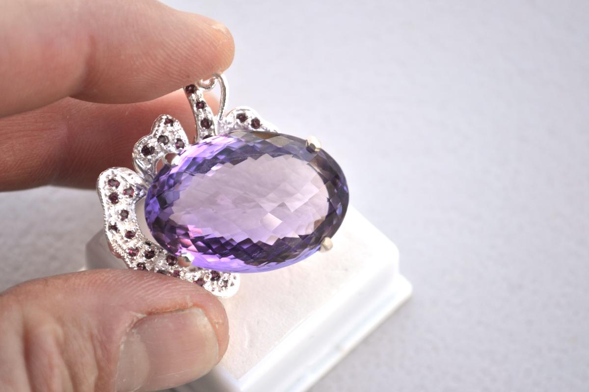 Huge Amethyst and Garnet Sterling Silver Brooch with Verification Report -- 16.84 Grams