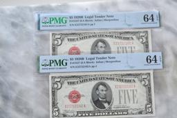 Lot of 2 Sequential 1928 $5 Bills Graded 64