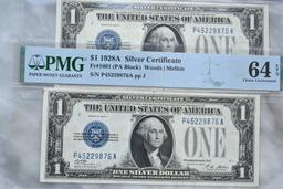 Lot of 2 Sequential 1928 $1 Silver Certificates Graded 64