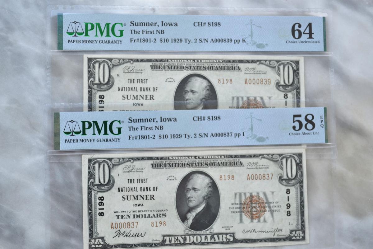 Lot of 2 Nearly Sequential 1929 $10 Bills Graded 58 and 64