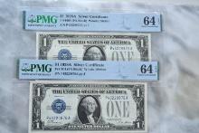 Lot of 2 Sequential 1928 $1 Silver Certificates Graded 64