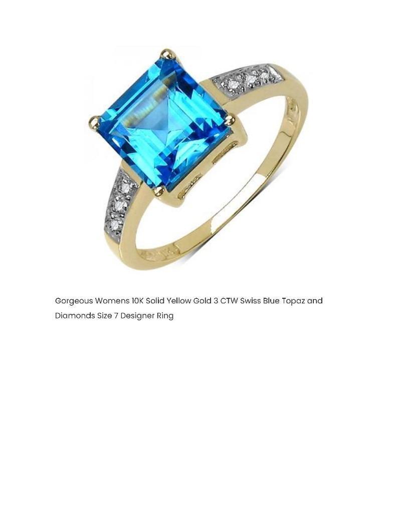 GORGEOUS WOMEN 10K SOLID YELLOW GOLD 3 CTW SWISS BLUE TOPAZ AND DIAMONDS SIZE 7 DESIGNER RING