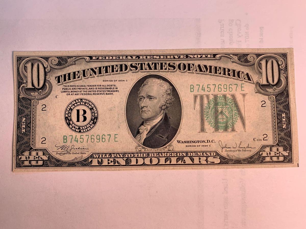 1934 $10 dollar bill from New York, uncirculated