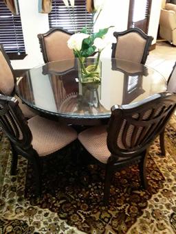 Custom dark wood stain cast iron round dinner table with glass top includes 6 chairs