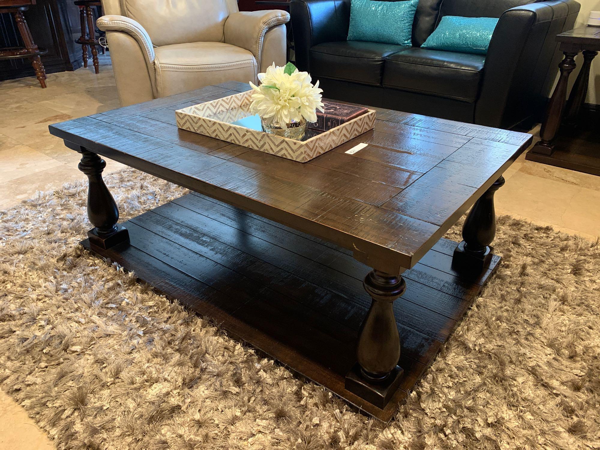 one custom cherry wood stain coffee table and two custom cherry wood stain end tables