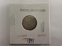 1891 Seated Liberty Dime, 1857 Flying Eagle Cent, 1864 Two Cent Piece