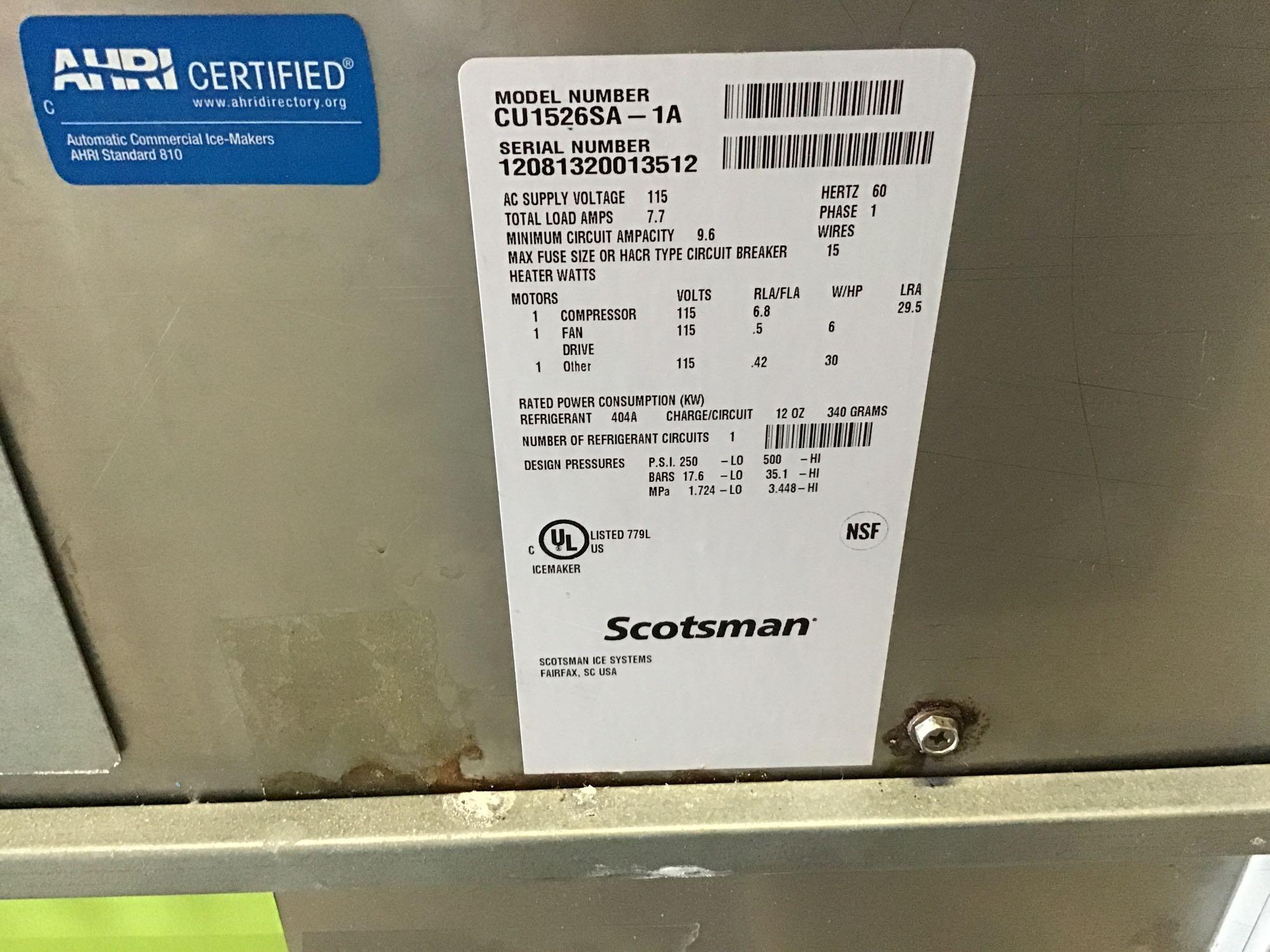 (1) Scotsman Ice Maker, Model# CU1526SA-1A