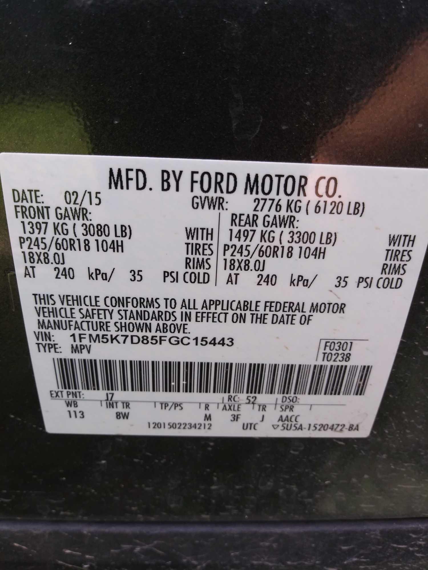 2015 Ford Explorer Multipurpose Vehicle, VIN# 1FM5K7D85FGC15443 *TO BE SOLD TO THE HIGHEST BIDDER*