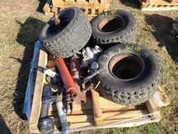 Pallet w/Tires, Grease Gun, Cylinders, Misc