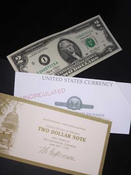 Lot w/(2) $1 Dollar Bills, (1) $2 Dollar Bill