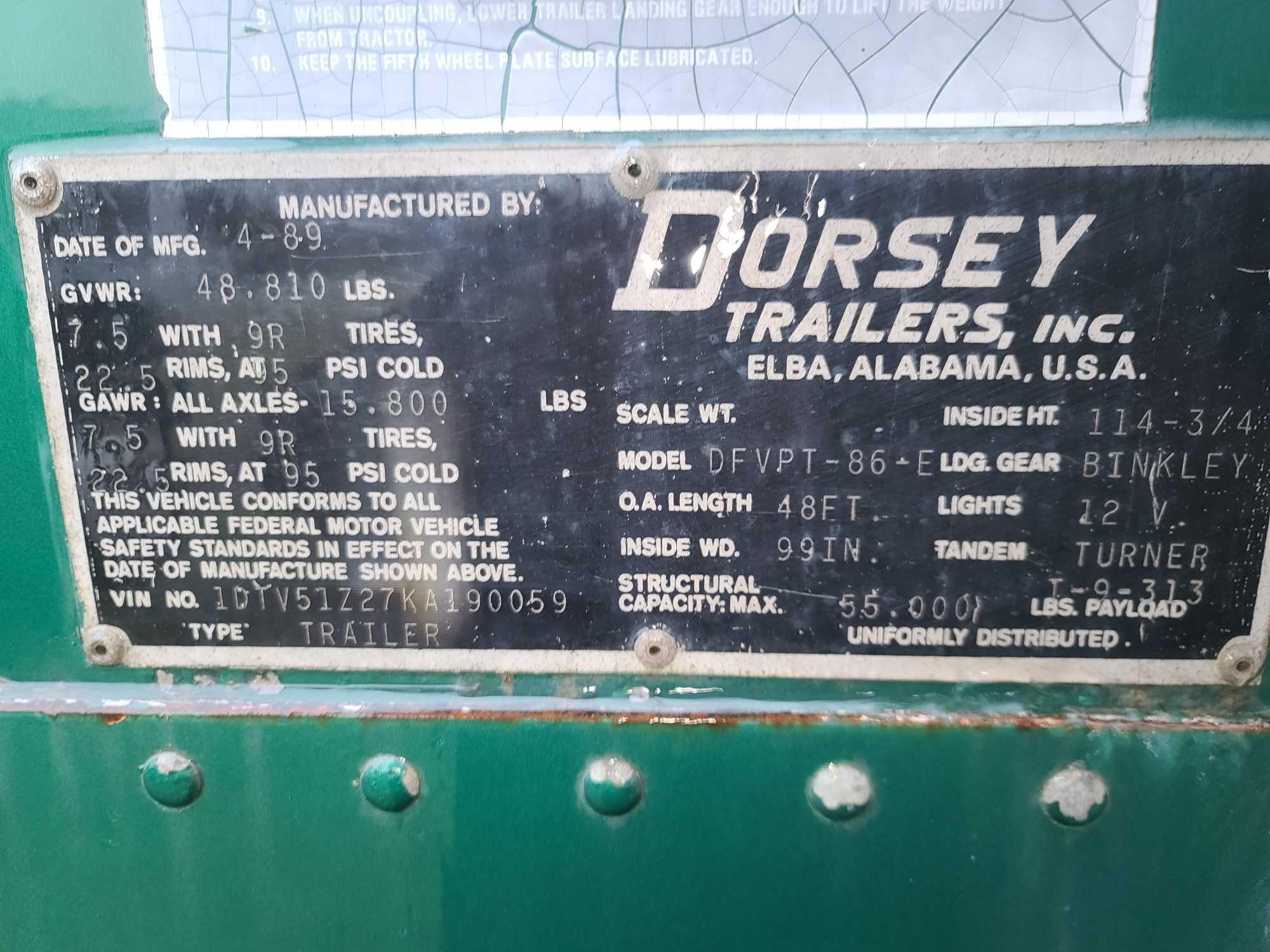 1989 Dorsey Trailer, VIN # 1DTV51Z27KA190059